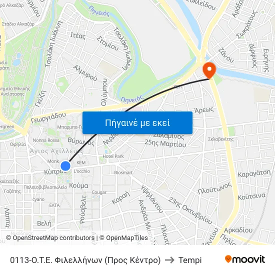 0113-Ο.Τ.Ε. Φιλελλήνων (Προς Κέντρο) to Tempi map