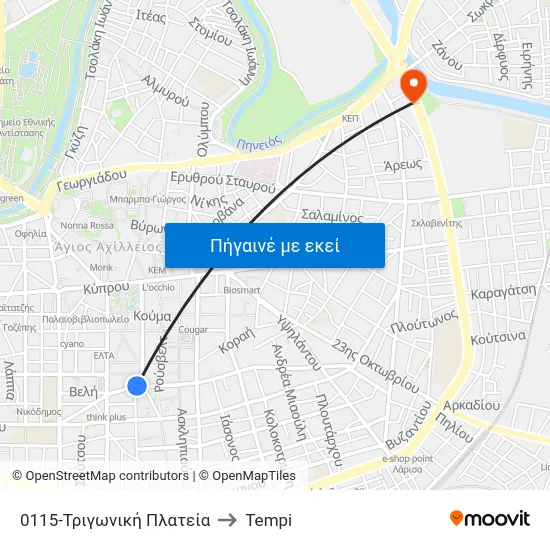 0115-Τριγωνική Πλατεία to Tempi map