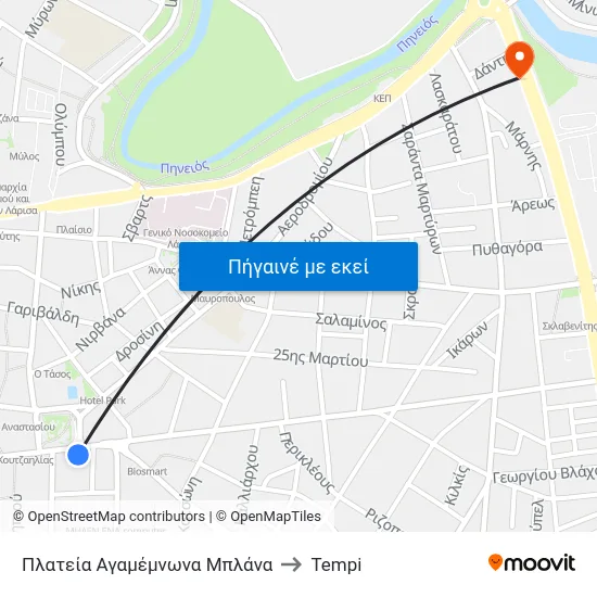 Πλατεία Αγαμέμνωνα Μπλάνα to Tempi map
