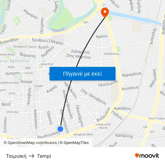 Τσιμισκή to Tempi map