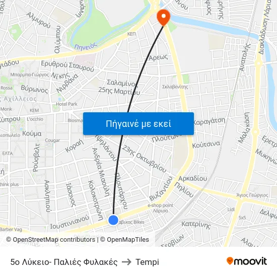 5ο Λύκειο- Παλιές Φυλακές to Tempi map