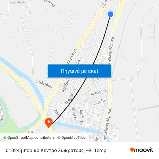 0102-Εμπορικό Κέντρο Σωκράτους to Tempi map