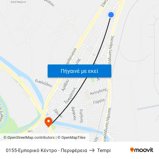 0155-Εμπορικό Κέντρο - Περιφέρεια to Tempi map