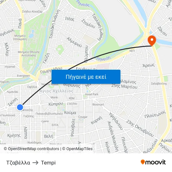 Τζαβέλλα to Tempi map