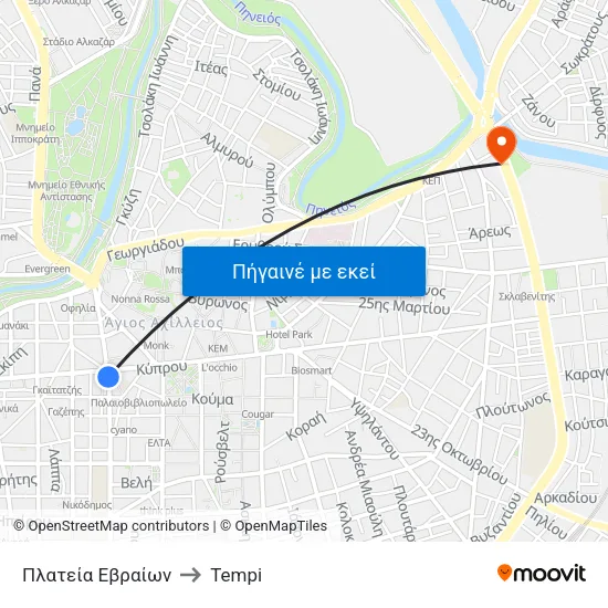 Πλατεία Εβραίων to Tempi map