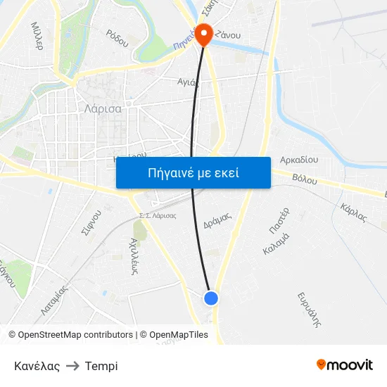 Κανέλας to Tempi map