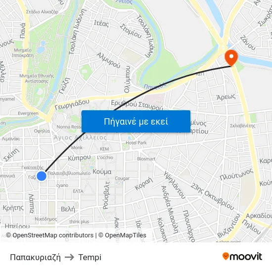 Παπακυριαζή to Tempi map