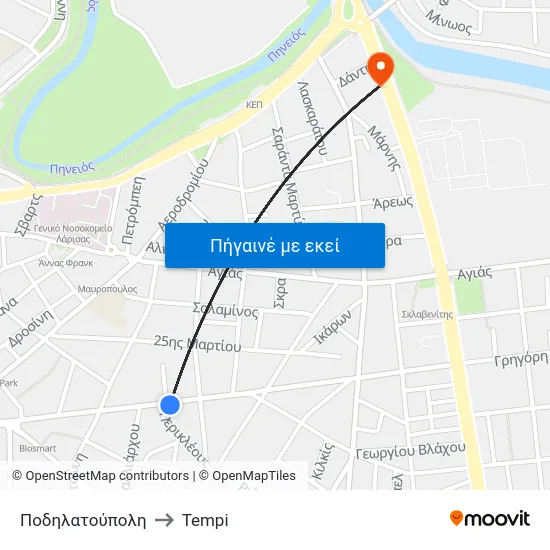 Ποδηλατούπολη to Tempi map