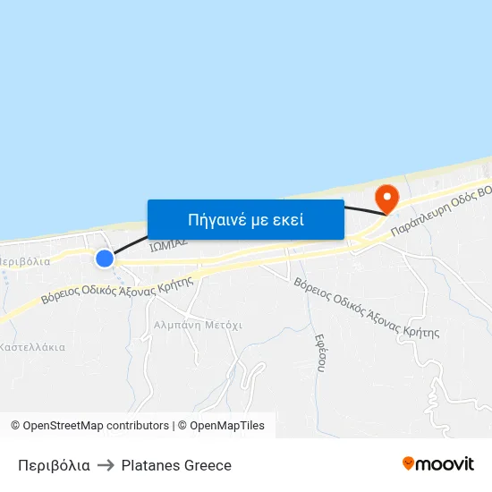 Περιβόλια to Platanes Greece map