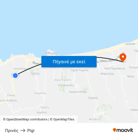 Πρινές to Pigí map