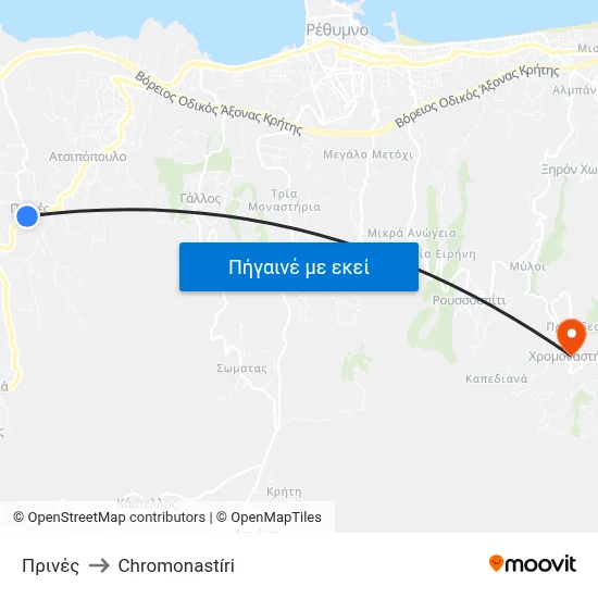 Πρινές to Chromonastíri map