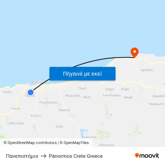 Πανεπιστήμιο to Pánormos Crete Greece map