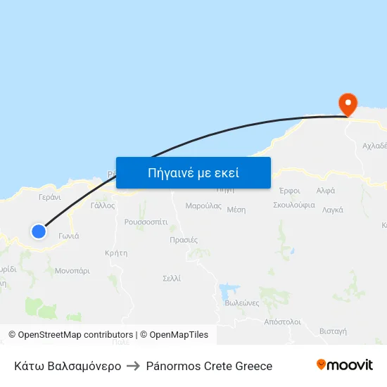 Κάτω Βαλσαμόνερο to Pánormos Crete Greece map