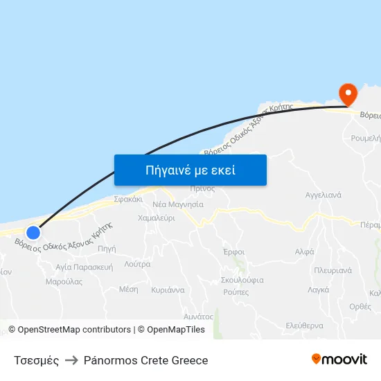 Τσεσμές to Pánormos Crete Greece map