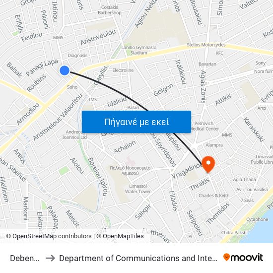 Debenhams Apollon to Department of Communications and Internet Studies (Τμήμα Επικοινωνίας και Σπουδών Διαδικτύου) map
