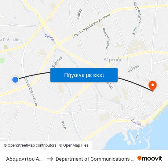 Αδαμαντίου Αδαμαντίου - Ευγενίου Βουλγάρεως to Department of Communications and Internet Studies (Τμήμα Επικοινωνίας και Σπουδών Διαδικτύου) map