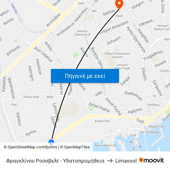 Φραγκλίνου Ρούσβελτ - Υδατοπρομήθεια to Limassol map