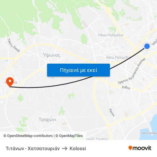Τιτάνων - Χατσατουριάν to Kolossi map