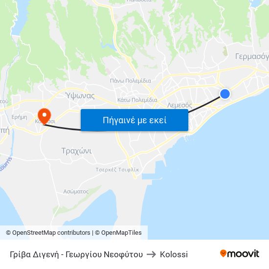 Γρίβα Διγενή - Γεωργίου Νεοφύτου to Kolossi map