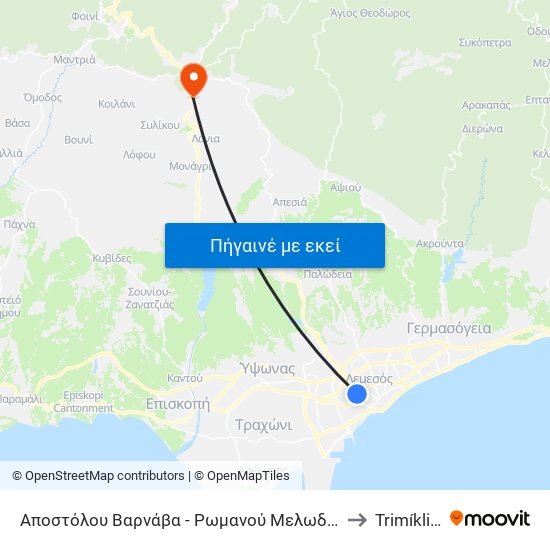 Αποστόλου Βαρνάβα - Ρωμανού Μελωδού to Trimíklini map