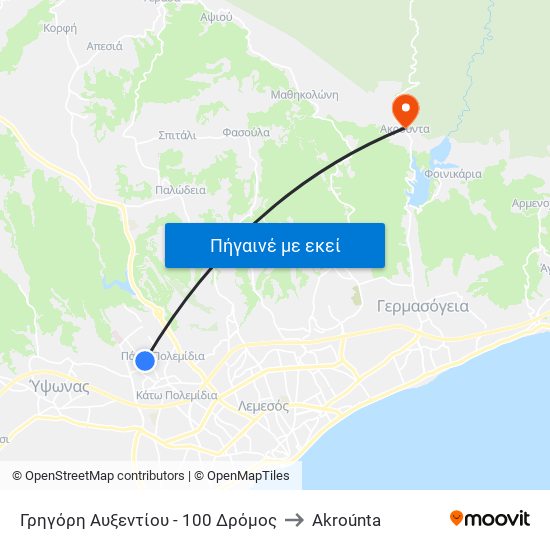 Γρηγόρη Αυξεντίου - 100 Δρόμος to Akroúnta map