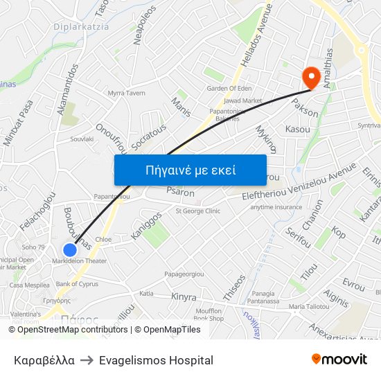 Καραβέλλα to Evagelismos Hospital map