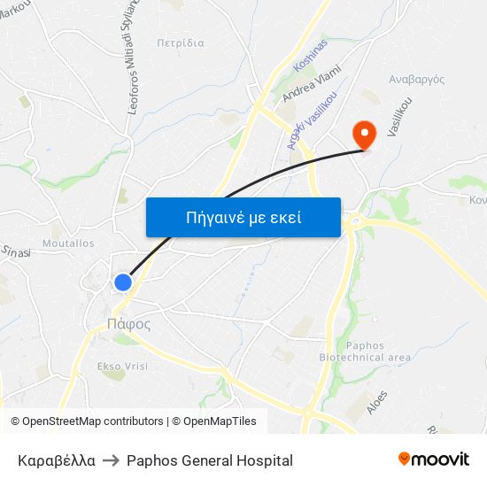 Καραβέλλα to Paphos General Hospital map