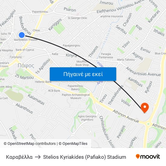 Καραβέλλα to Stelios Kyriakides (Pafiako) Stadium map