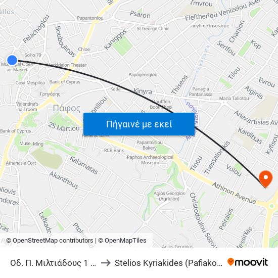 Οδ. Π. Μιλτιάδους 1 (Αγορά) to Stelios Kyriakides (Pafiako) Stadium map