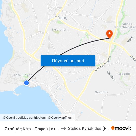 Σταθμός Κάτω Πάφου | ᴋᴀᴛᴏ ᴘᴀᴘʜᴏs Sᴛᴀᴛɪᴏɴ to Stelios Kyriakides (Pafiako) Stadium map
