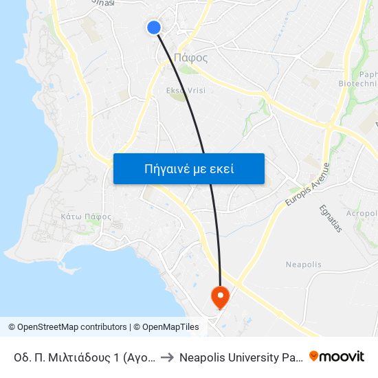 Οδ. Π. Μιλτιάδους 1 (Αγορά) to Neapolis University Pafos map