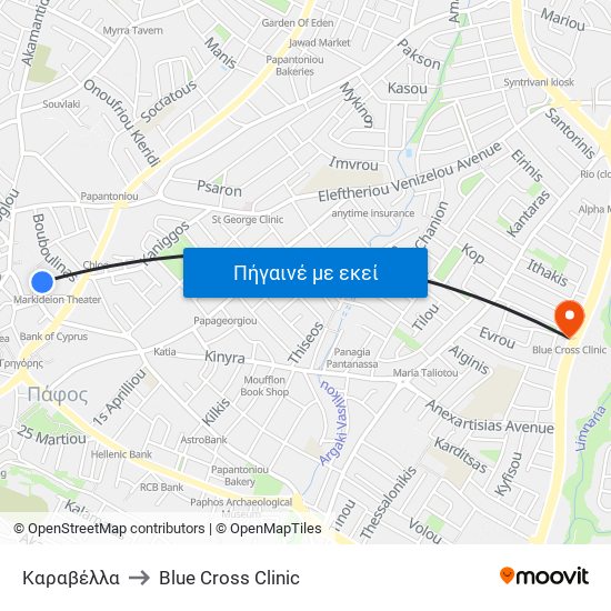 Καραβέλλα to Blue Cross Clinic map