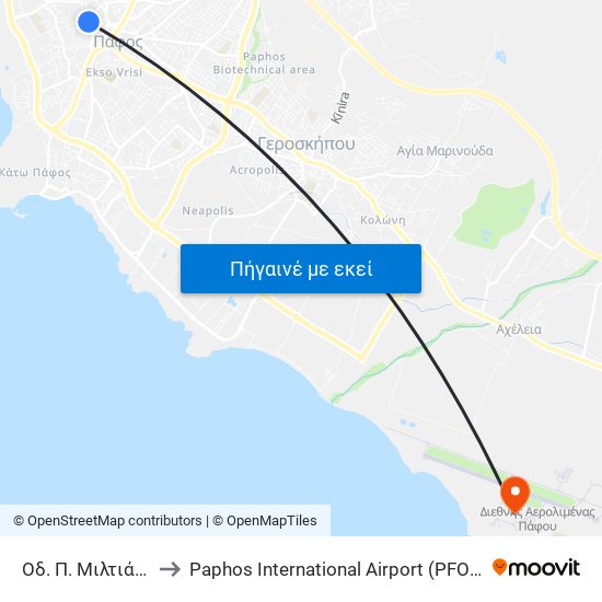 Οδ. Π. Μιλτιάδους 1 (Αγορά) to Paphos International Airport (PFO) (Διεθνής Αερολιμένας Πάφου) map