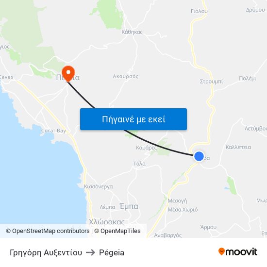 Γρηγόρη Αυξεντίου to Pégeia map