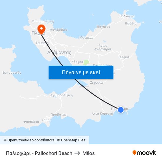 Παλιοχώρι - Paliochori Beach to Mílos map