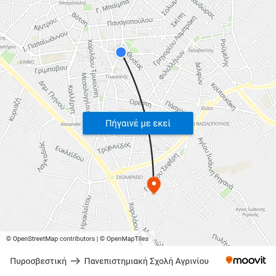 Πυροσβεστική to Πανεπιστημιακή Σχολή Αγρινίου map