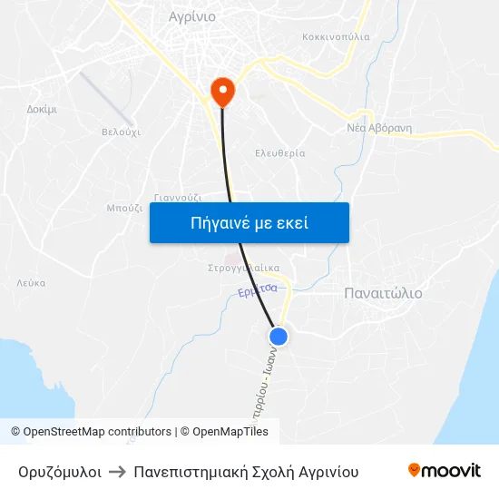 Ορυζόμυλοι to Πανεπιστημιακή Σχολή Αγρινίου map