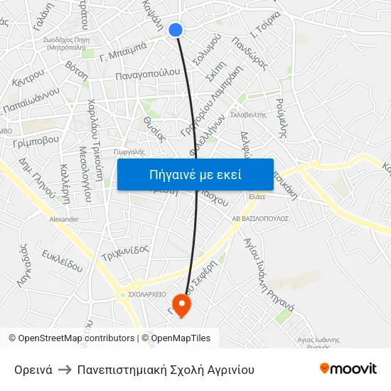 Ορεινά to Πανεπιστημιακή Σχολή Αγρινίου map
