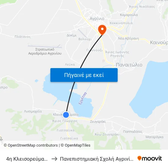 4η Κλεισορεύματα to Πανεπιστημιακή Σχολή Αγρινίου map