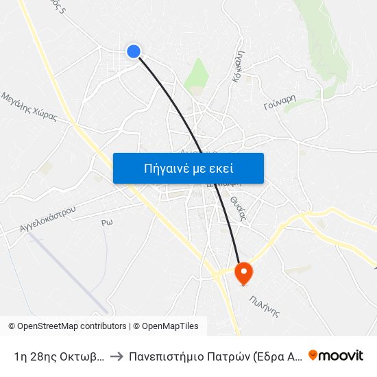 1η 28ης Οκτωβρίου to Πανεπιστήμιο Πατρών (Έδρα Αγρίνιο) map