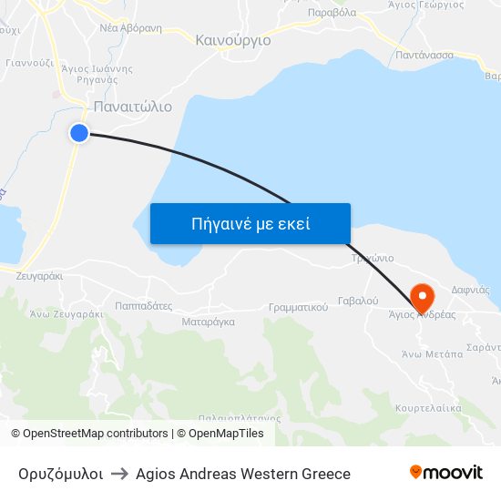Ορυζόμυλοι to Agios Andreas Western Greece map