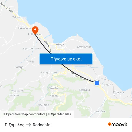 Ριζόμυλος to Rododafni map