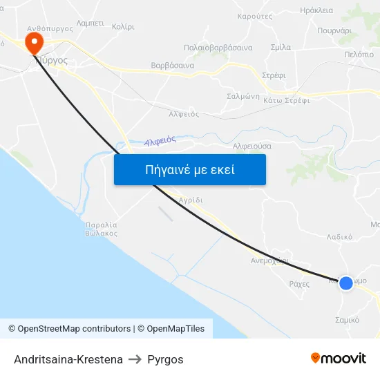 Andritsaina-Krestena to Pyrgos map