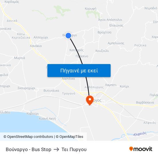 Βούναργο - Bus Stop to Τει Πυργου map