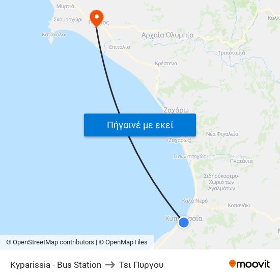 Kyparissia - Bus Station to Τει Πυργου map