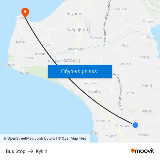 Βus Stop to Kyllíni map