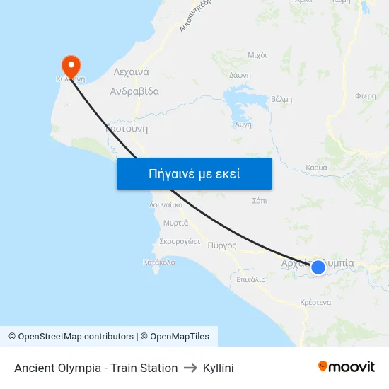 Ancient Olympia - Train Station to Kyllíni map