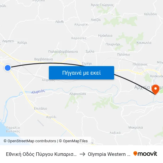 Εθνική Οδός Πύργου Κυπαρισσσίας, 229 to Olympia Western Greece map