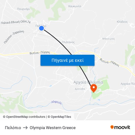 Πελόπιο to Olympia Western Greece map