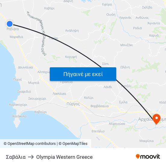 Σαβάλια to Olympia Western Greece map